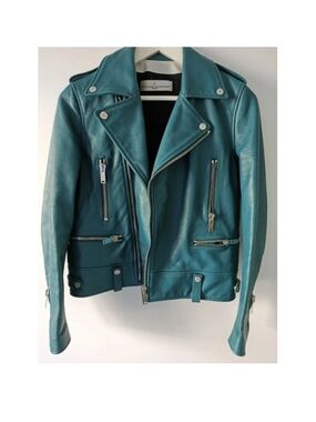 Golden Goose Teal Leather Moto Jacket